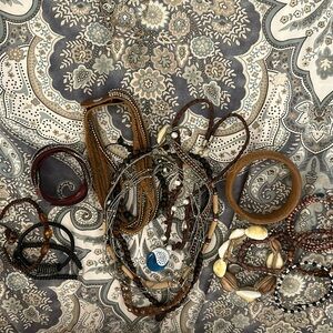 Lot of 17 pieces of BOHO  bracelets and necklaces wood beads glass stone leather